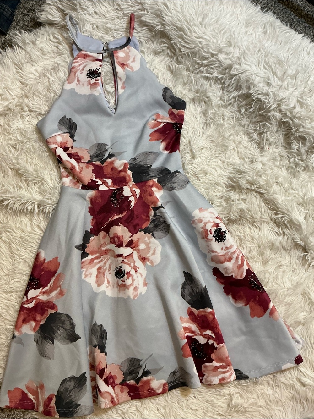 🔥 Jodi Kristopher Floral Keyhole Halter Skater Dress Blue Burgundy Mini